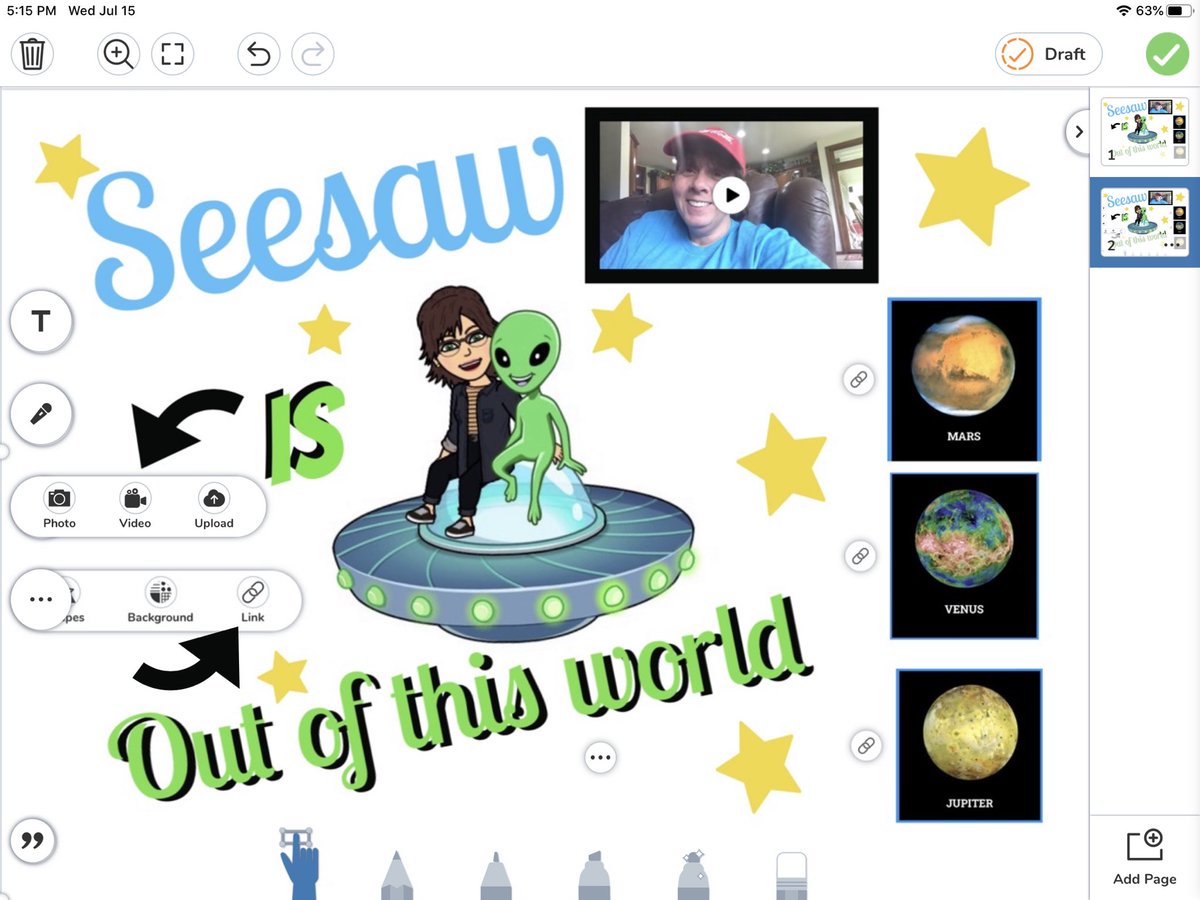 smalchow's tweet photo. Check out the 🚀Out of this World🪐update from @Seesaw 

✨Record &amp; insert a video📹 onto the canvas (great for Ss directions)
✨add 📎 links to websites (EZ PZ choice boards)
✨link between pages and use the built in shapes for your links. 

#RaiderStrong #SeesawChat #iPadEd https://t.co/cwFki7n6Hz