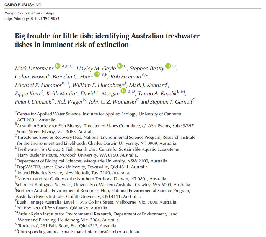 Our latest research from the  @TSR_Hub is now available online early in  #PacificConservationBiology: “Big trouble for little fish: identifying Australian freshwater fishes in imminent risk of extinction.”  https://www.publish.csiro.au/pc/PC19053   @CSIROPublishing 1/10