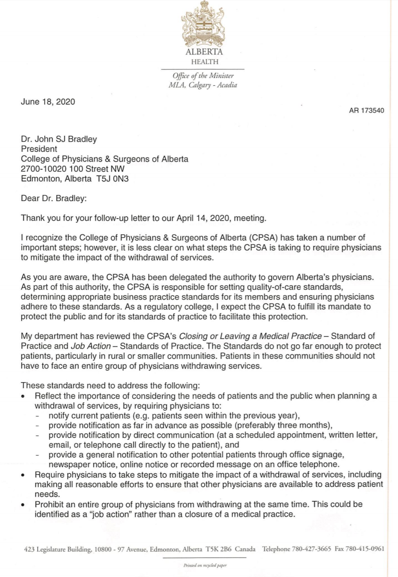 DShepYEG's tweet photo. Minister @shandro has taken the unprecedented step of writing to the @CPSA_CA directing them to stop doctors from leaving practices en masse. #ableg https://t.co/TpHBk2fygu