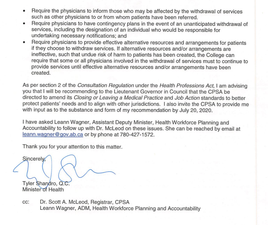 DShepYEG's tweet photo. Minister @shandro has taken the unprecedented step of writing to the @CPSA_CA directing them to stop doctors from leaving practices en masse. #ableg https://t.co/TpHBk2fygu