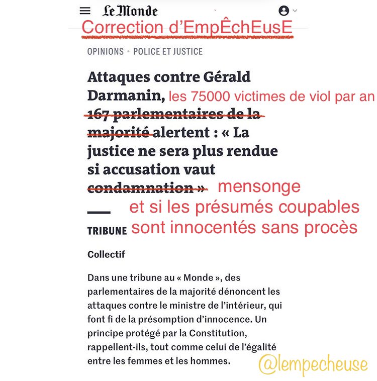 Lempecheuse's tweet photo. Coucou les parlementaires, quelques erreurs se sont glissées dans votre déclaration. Mais, pas de panique, je les ai corrigées #YaPasDeQuoi 😘.
On me souffle que les accusations pour viol sont déjà systématiquement traitées comme des mensonges #Darmanin https://t.co/JWL7ULCSl6