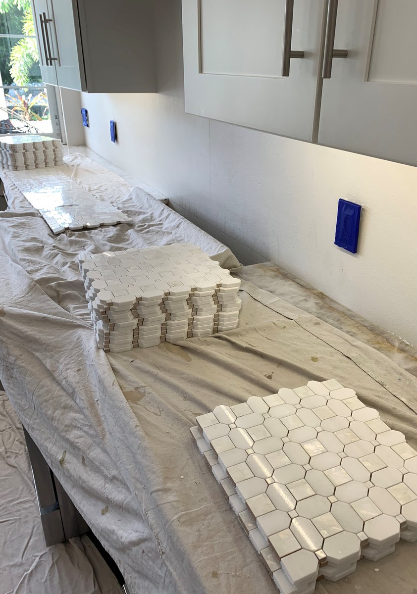 ceramictec's tweet photo. Started a backsplash in Tampa, Florida using a geometric pearl white thassos & shell tile #tile #backsplash #geometric #thasso #shelltile #tampa #ceramictec https://t.co/xXcz3uDyg6