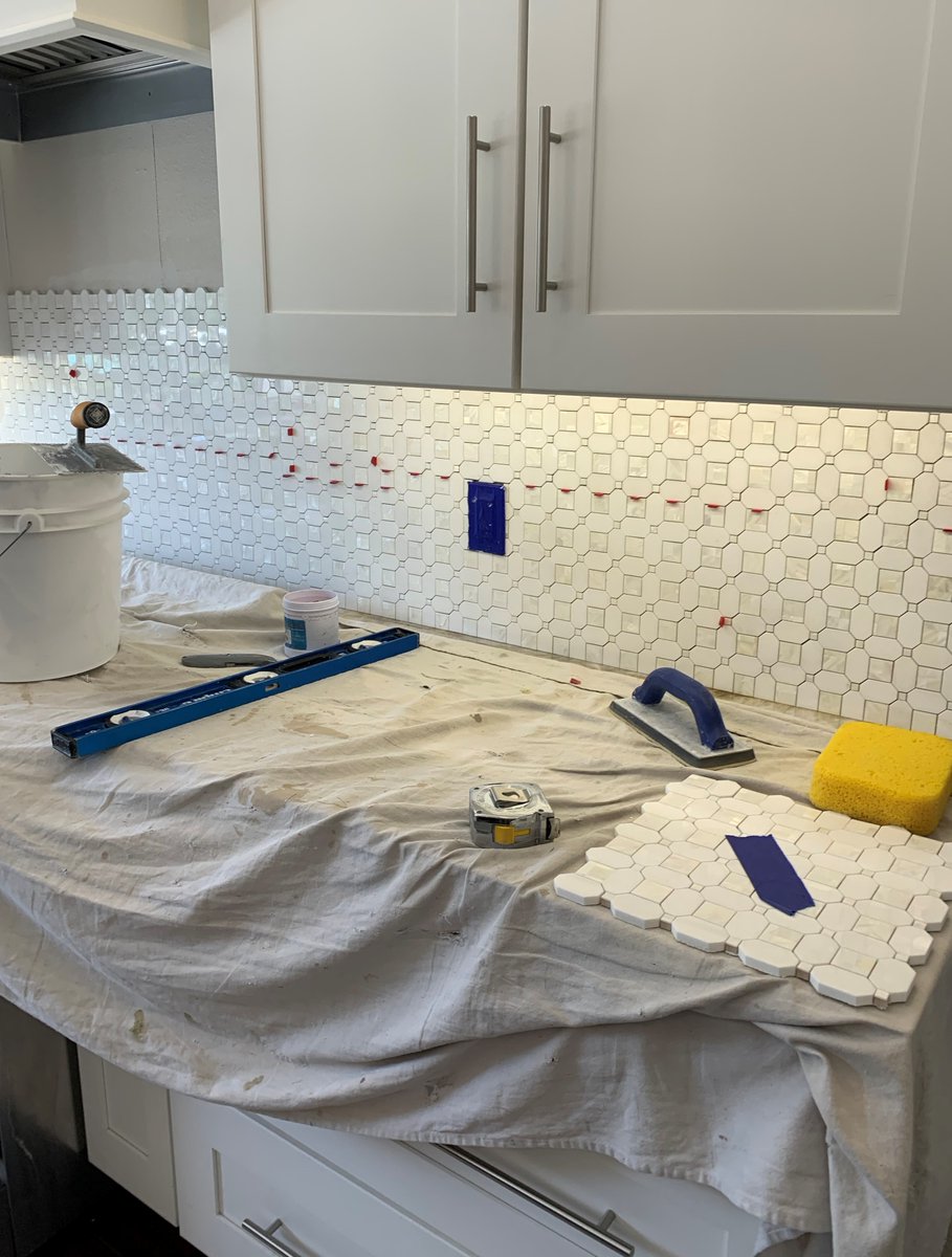 ceramictec's tweet photo. Started a backsplash in Tampa, Florida using a geometric pearl white thassos & shell tile #tile #backsplash #geometric #thasso #shelltile #tampa #ceramictec https://t.co/xXcz3uDyg6