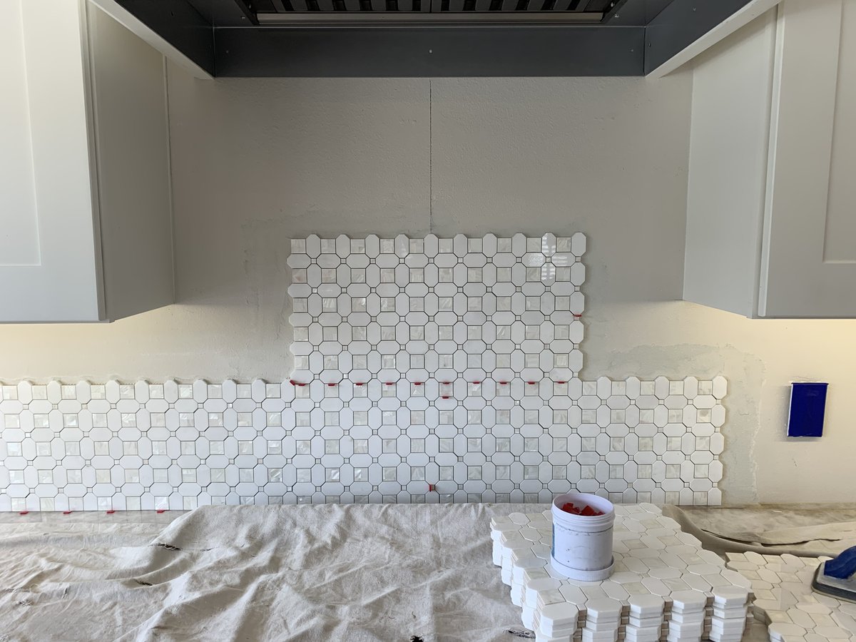 ceramictec's tweet photo. Started a backsplash in Tampa, Florida using a geometric pearl white thassos & shell tile #tile #backsplash #geometric #thasso #shelltile #tampa #ceramictec https://t.co/xXcz3uDyg6
