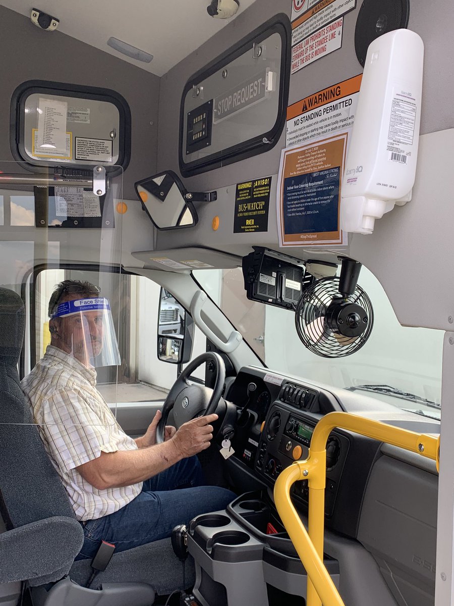 PVTAWV's tweet photo. Working to keep you informed on what we are doing to maintain a safe environment on our buses. Hand sanitizer, shields, and disinfecting buses daily are just a few things we do. #pvtawv #mineralcounty #hardycounty #pendletoncounty #hampshirecounty #grantcounty #bus #COVID19 https://t.co/bzpgxMfEym