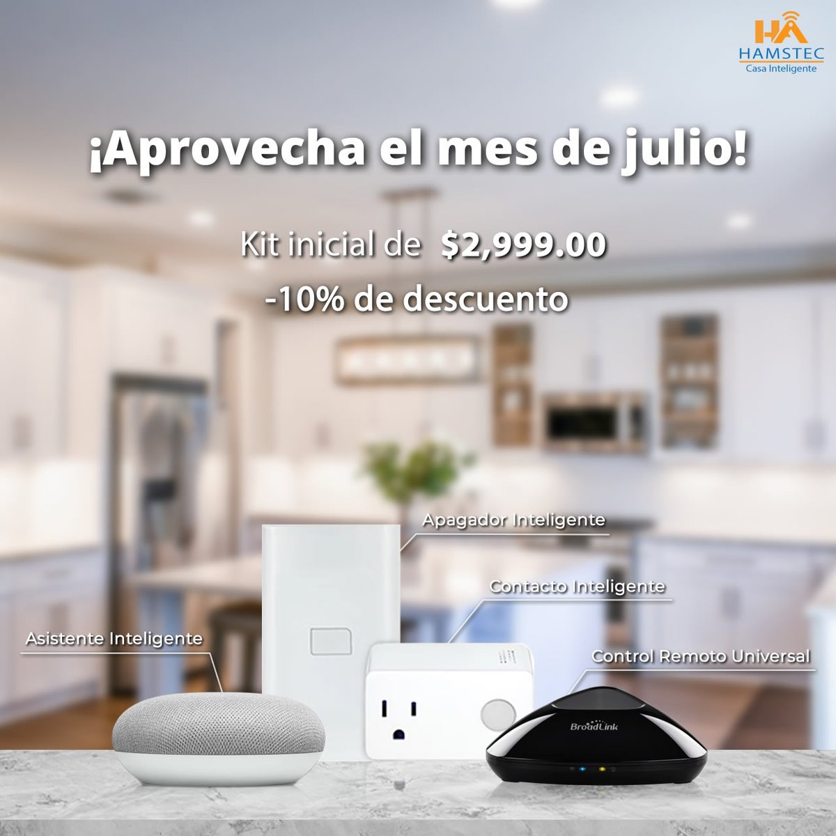 HamstecMexico's tweet photo. Comienza la automatización de tu hogar con nuestro kit inicial, de $2,999.00 - 10% de descuento! . El kit incluye 
-Control remoto universal. 
-Contacto inteligente. 
-Apagador inteligente.
 - Asistente inteligente. 
¡Aprovecha este mes y no te quedes sin el tuyo! https://t.co/CAjvUUlKyj