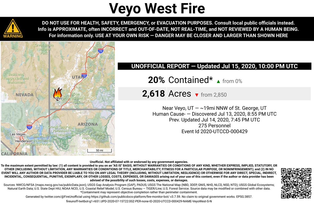 UtahNevFireBot's tweet image. #VeyoWestFire 🔥 unofficial, automated update.
Near Veyo, UT. ⚠️ DO NOT USE FOR SAFETY PURPOSES - See officials instead. May be incorrect; disclaimers in images.