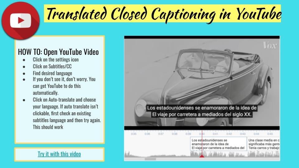 historysandoval's tweet photo. I know how to translate closed captions in YouTube but is there an easier way? I got this question today, “Is there a tool that I could press a button and translated any video into any language? Something families could do on thier own as needed.” https://t.co/gslIZcDzWE