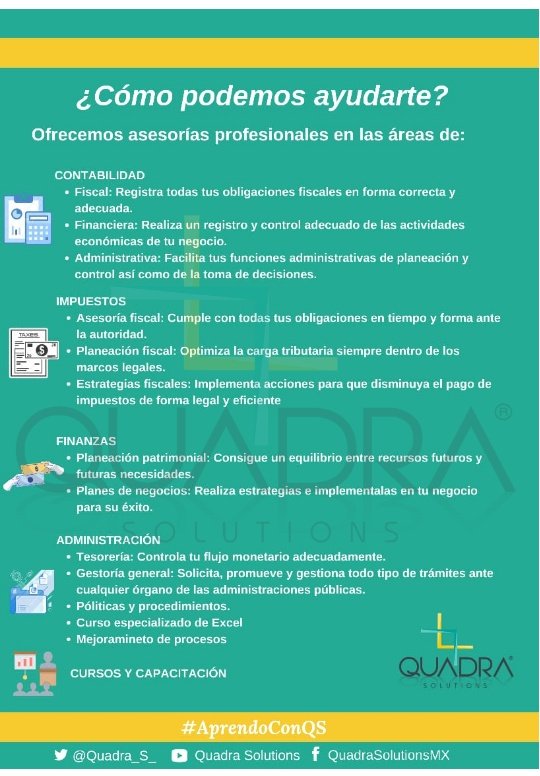 Quadra_S_'s tweet photo. Asesoría profesional en las áreas de Contabilidad, Administración, Impuestos y Finanzas.
En #QuadraSolutions nuestros servicios no cuestan más, valen más. https://t.co/i0rLAqqJrs