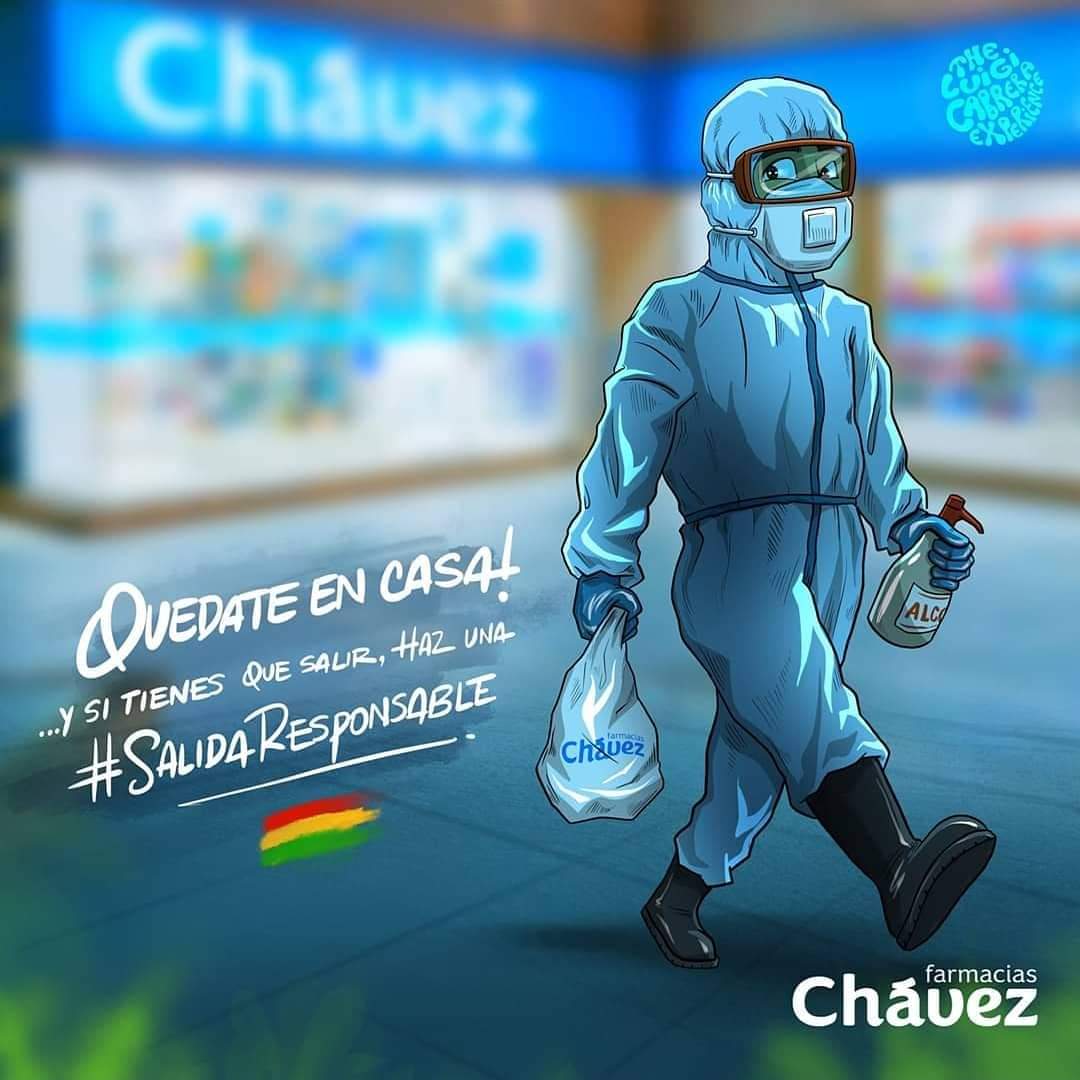 Montaho_'s tweet photo. ¡Quédate en casa! .. y si tienes que salir,   haz una #SalidaResponsable 
@farmaciachaves @Farmaenfurecida  @FarmaciaVenus @MinSaludBolivia
#FarmaciaChavez #Covid19
Ilustración  #LuigiCabrera https://t.co/i344lwNcq8