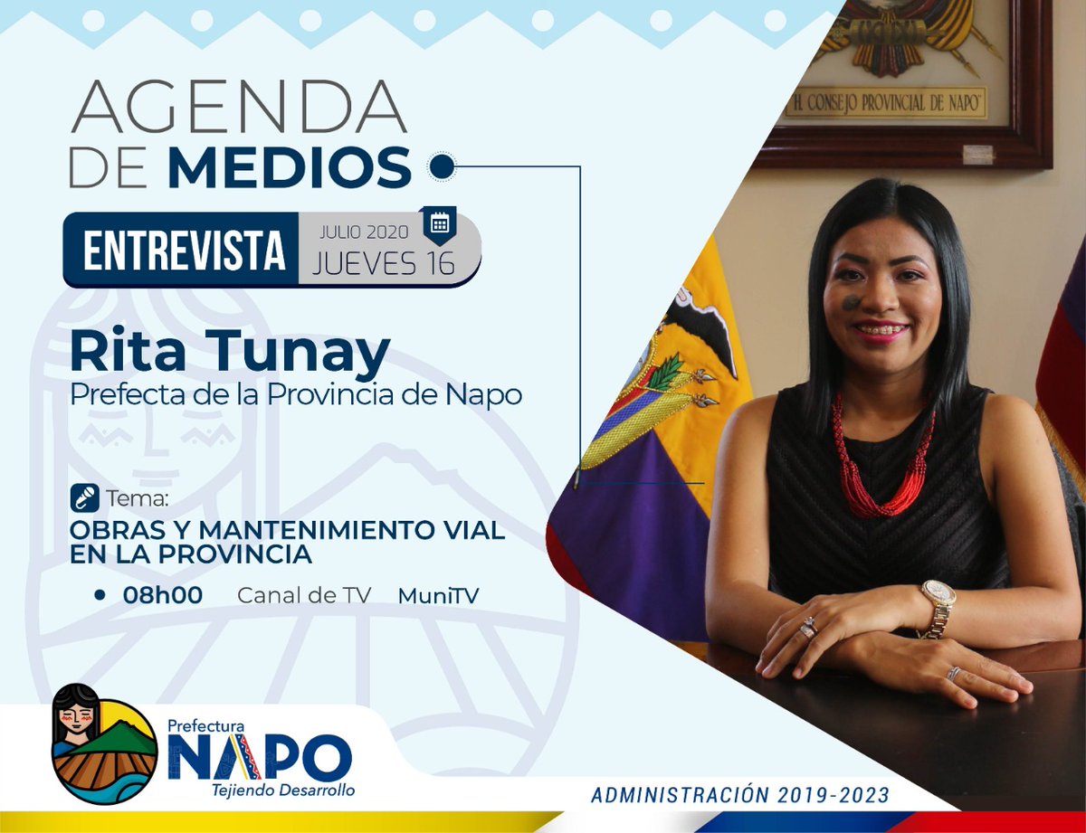 Prefecturanapo's tweet photo. Mañana ➡️ Jueves 16 de julio

📻#AgendaDeMedios
✅Conoce los detalles sobre las obras y mantenimiento vial que se está realizando en los diferentes lugares de la Provincia. 

#RitaTunay
#PrefectadeNapo
#TejiendoDesarrollo https://t.co/FYaTqKdLfG