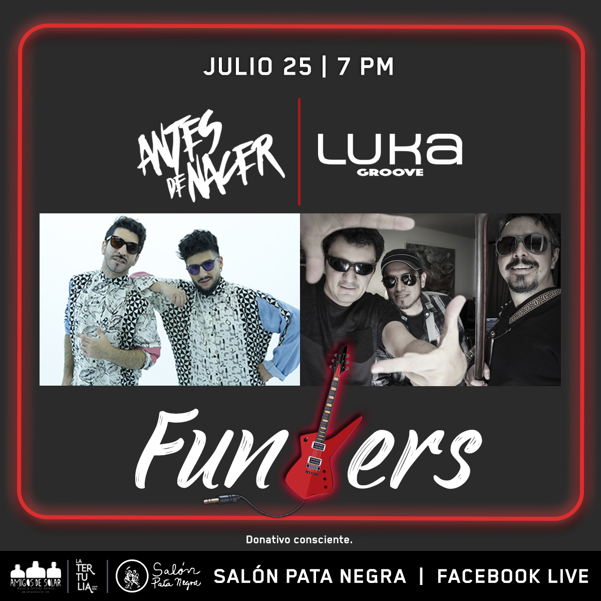 ¡<a href="/lukagroove/">lukagroove</a> &amp; <a href="/antesdenacer/">Antes de Nacer</a> en concierto!
#FacebookLive 
Donativo consciente vía moneypool: bit.ly/3etXqwD
El concierto se realizará a donativo consciente para sustentar a cada uno de los participantes como músicos y gente de producción
<a href="/LaTertuliaMx_/">Lᴀ Tᴇʀᴛᴜʟɪᴀ Mx</a> <a href="/amigosdesolar/">Amigos de Solar</a>