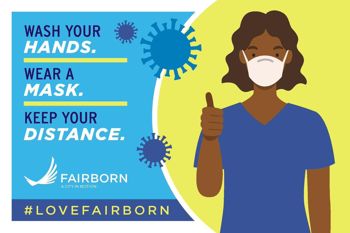 CityofFairborn's tweet photo. 🦠 Wash your hands for at least 20 seconds.
🦠 Wear a mask when in public
🦠 Maintain your space of at least 6ft from others. 

These are three easy ways for you to do your part to help prevent the Coronavirus from spreading.

#MaskOn #ForFairborn https://t.co/uKIOfRtBo7