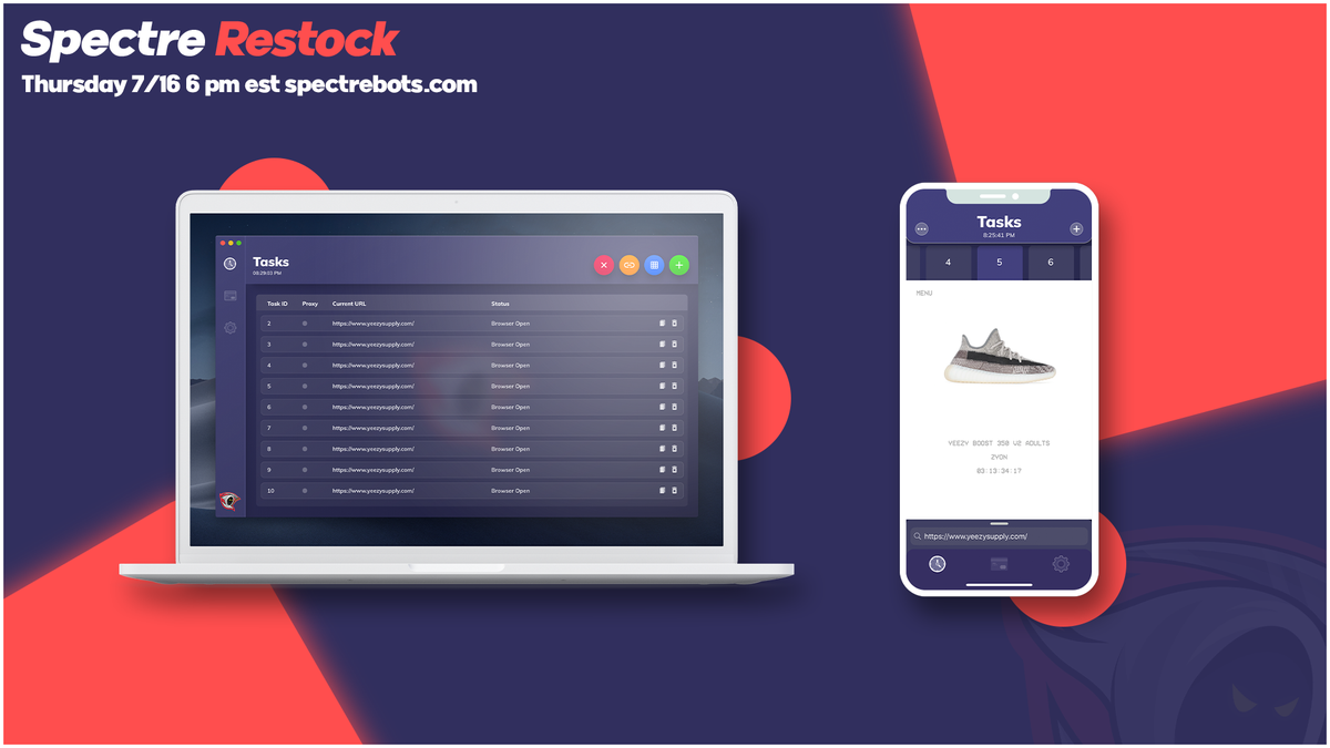 Spectre_AIO's tweet photo. We are restocking Spectre Browser iOS &amp; Desktop tomorrow 7/16 at 6 pm est at https://t.co/hINlQdI9MP. Don't miss out on the Yeezy Zyon 🔥

Retweet for a chance to win both 🥳 https://t.co/fF92VVXLQ4