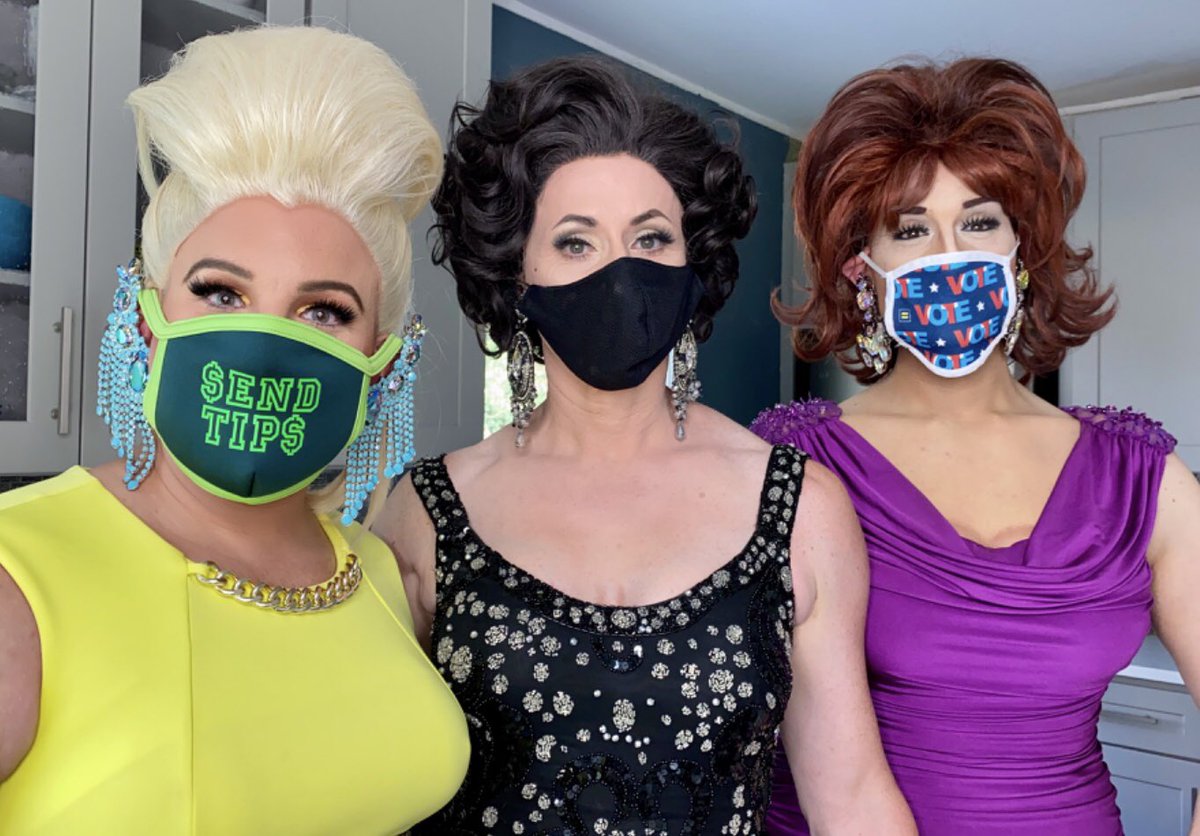 mask_ri's tweet photo. Stars of stage, screen and “The View” virtual drag brunch on Facebook Live @MsHaleyStar @LaDivaJonz and @JacqDiMeraRI glam up and mask up honey!  #maskupri https://t.co/Ikuzqcpn2P