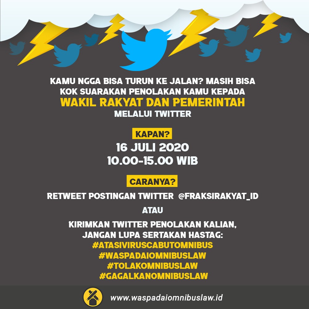 FraksiRakyat_ID's tweet photo. Buat kamu yang belum bisa bergabung hari ini di jalan, di tikum atau di mana pun titik aksi di seluruh Indonesia. Kamu bisa bantu teman yg aksi dan bergabung dalam aksi digital (detil di poster). 

JANGAN LUPA SERTAKAN HASTAG!

#GagalkanOmnibusLaw
#AtasiVirusCabutOmnibus 

✊📢 https://t.co/eypdLUkptl