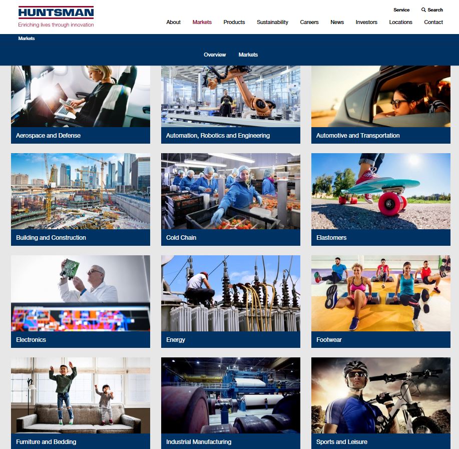 Huntsman_Corp's tweet photo. The new #Huntsman.com breaks down our products and applications by markets, making it easier than ever to find all that we offer - from #automotive, #aerospace, #construction, #textiles and much more. Please visit us now: https://t.co/akjc5oOtvs #websiteweek https://t.co/ALyavk7ukx