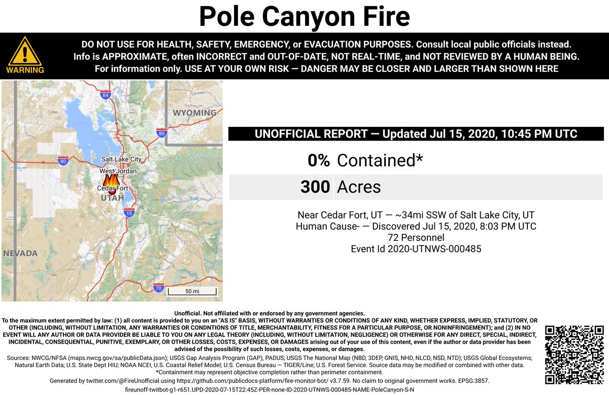 UtahNevFireBot's tweet image. #PoleCanyonFire 🔥 unofficial, automated update.
Near Cedar Fort, UT. ⚠️ DO NOT USE FOR SAFETY PURPOSES - See officials instead. May be incorrect; disclaimers in images.