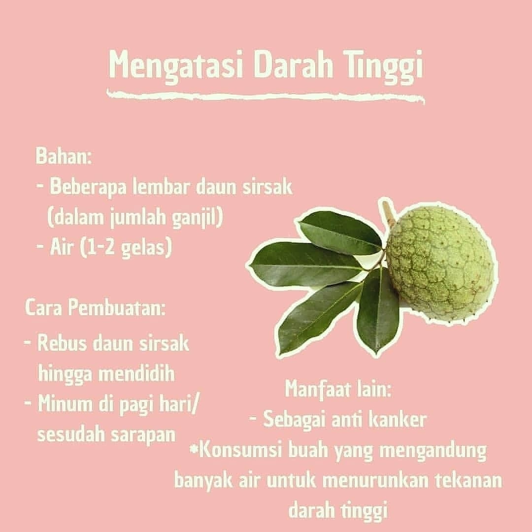 Resep Darah Tinggi⁣

Bahan⁣
1. Beberapa lembar Daun sirsak ( ambil dalam jumlah ganjil 5-7 )⁣ 
2. Air 1-2 gelas⁣

Caranya⁣
Rebus Daun Sirsak  hingg mendidih⁣
Minum pagi hari setelah sarapan

Bahannya  bisa dicari di <a href="/rempah_organik/">Rempah Organik Indonesia</a>