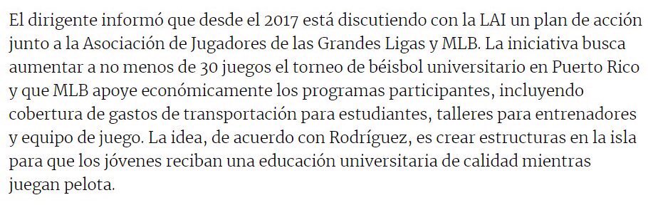 Edwin Rodríguez informó que desde el 2017 está discutiendo con la #LAI un plan de acción junto a la Asociación de Jugadores de las Grandes Ligas y MLB para apoyar a #LAIBéisbol. 

-Mínimo 30 juegos
-Apoyo $ a las universidades (gastos de transporte, talleres y equipo)

Vía <a href="/cpipr/">Centro de Periodismo Investigativo</a>