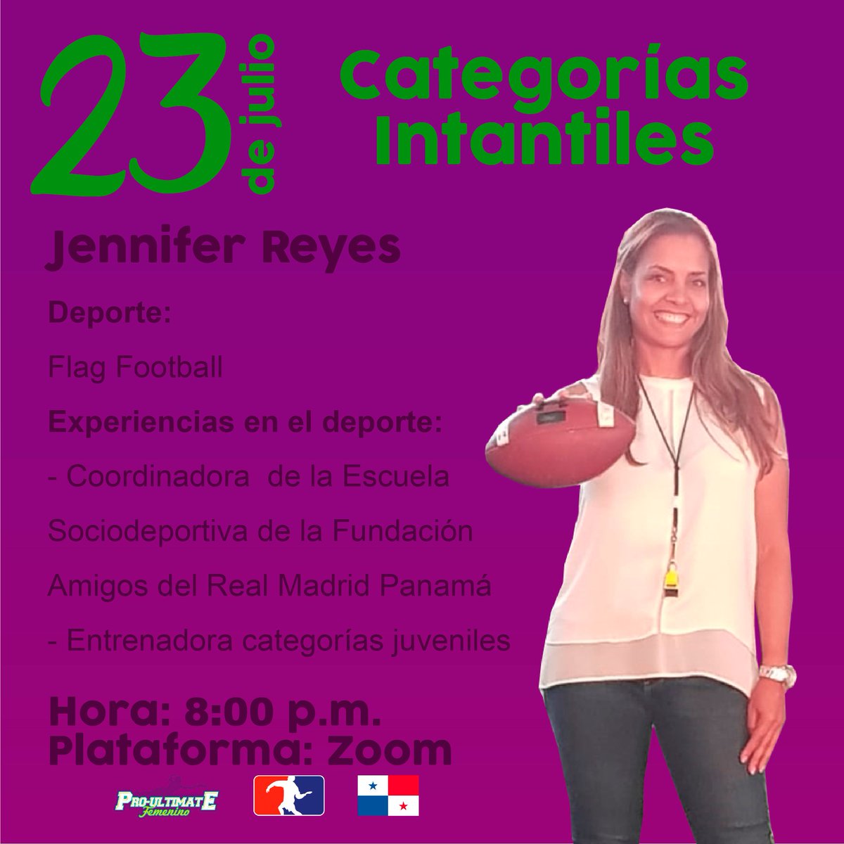 UltimateFemPty's tweet photo. Para cerrar nuestra sesión de "Categorías Infantiles", contaremos con Jennifer Reyes una gran jugadora y veterana del Flag Football, que ha sabido transmitir su pasión por este deporte a las nuevas generaciones. 🙌🏼

#Ultimate: el deporte que nos une - Versión #Femenina" https://t.co/SBlYpEzpqQ