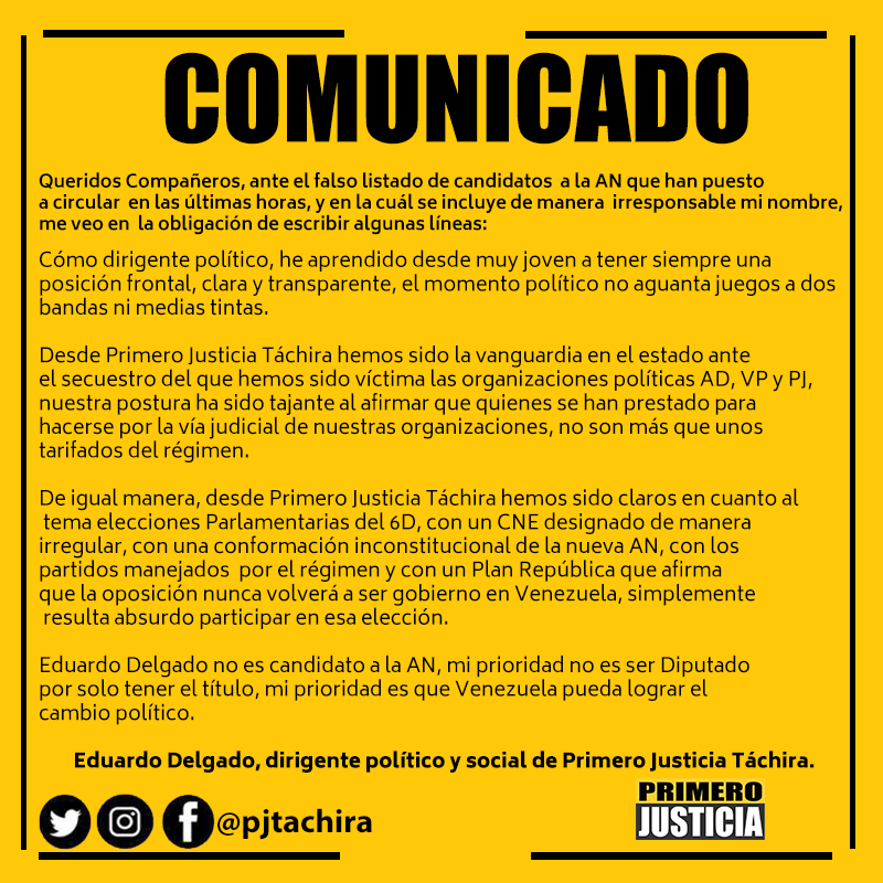 jovenespjsc's tweet photo. #ComunicadoPJ || @EduardoDelgado1 : Queridos Compañeros, ante el falso listado de candidatos  a la AN que han puesto a circular  en las últimas horas, y en la cuál se incluye de manera  irresponsable mi nombre, 
me veo en la obligación de escribir algunas líneas https://t.co/vDIs5ypVh0