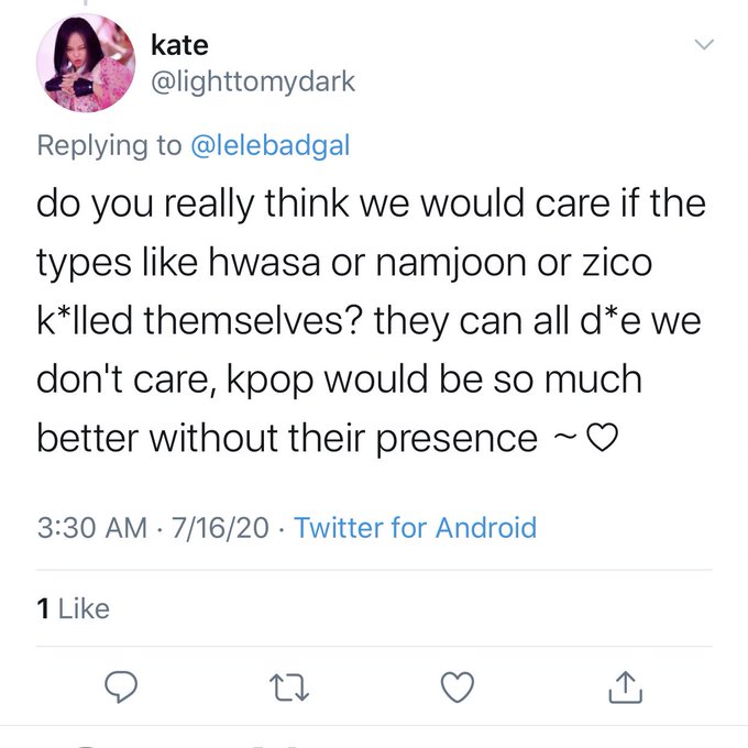 So this person is saying it's okay if Namjoon, Hwasa, zico.....ki** themselves? What is wrong with this person?