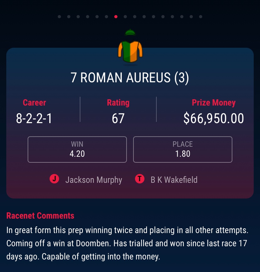 Tipswich2's tweet photo. Backing 3 Saturday @IpswichTurfClub. 
R7 I Dream Of Green. Can’t believe this is $20 early market. 1u EW. 
R8 Roman Aureus. 0.5u EW. Like Starla but poor draw. 
R9 Jami Lady. 1.5u EW. Strong win @ 1200 last time. Hopefully gains some cover &amp; is strong to the 1350. 
Quaddie TBA... https://t.co/kHhIm2vwfW