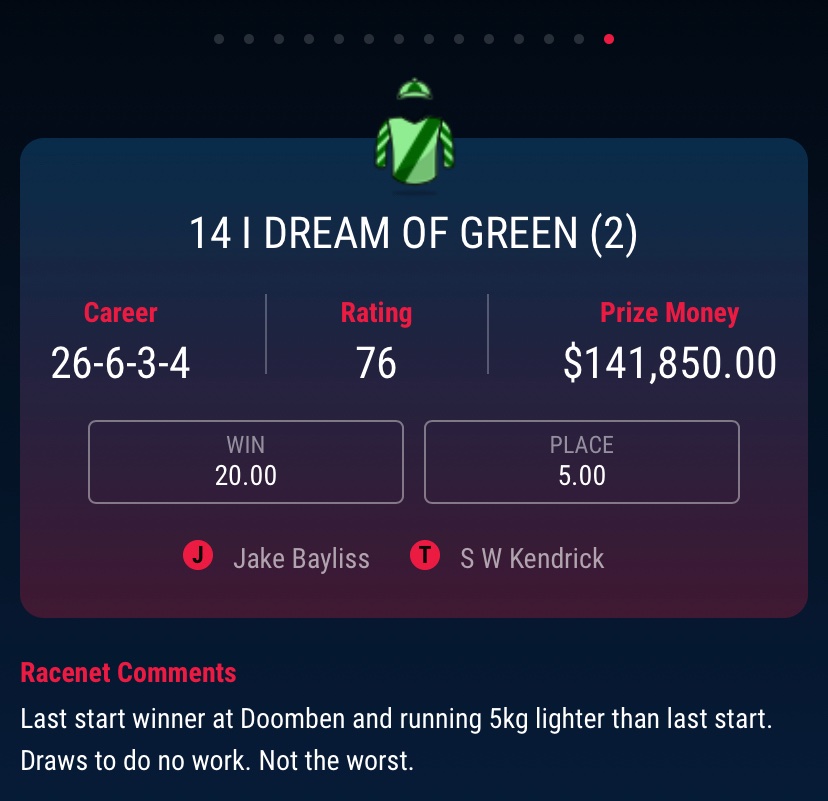 Tipswich2's tweet photo. Backing 3 Saturday @IpswichTurfClub. 
R7 I Dream Of Green. Can’t believe this is $20 early market. 1u EW. 
R8 Roman Aureus. 0.5u EW. Like Starla but poor draw. 
R9 Jami Lady. 1.5u EW. Strong win @ 1200 last time. Hopefully gains some cover &amp; is strong to the 1350. 
Quaddie TBA... https://t.co/kHhIm2vwfW
