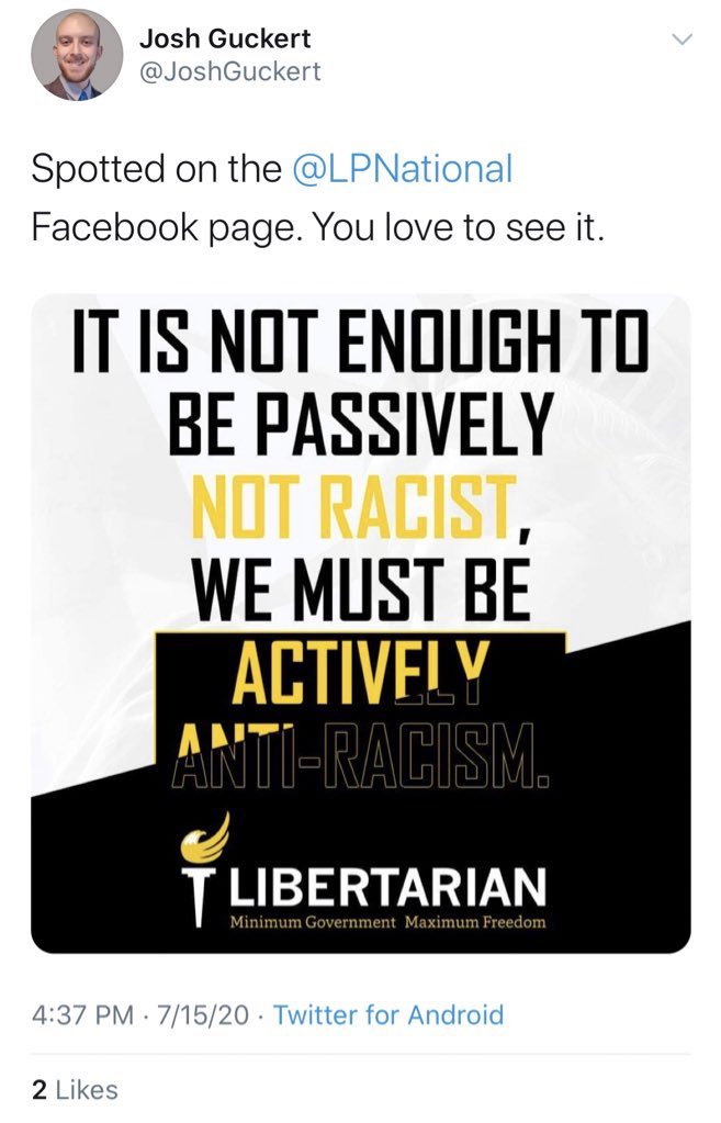 "You love to see it." "It" -- An ostensibly well-intentioned sentiment, muddied by *racial essentialism* and a *directive that I MUST perform some ambiguously defined action(s), because -- you say so?No, I don't 'love to see it'. Especially from the  @LPNational,  @JoshGuckert.