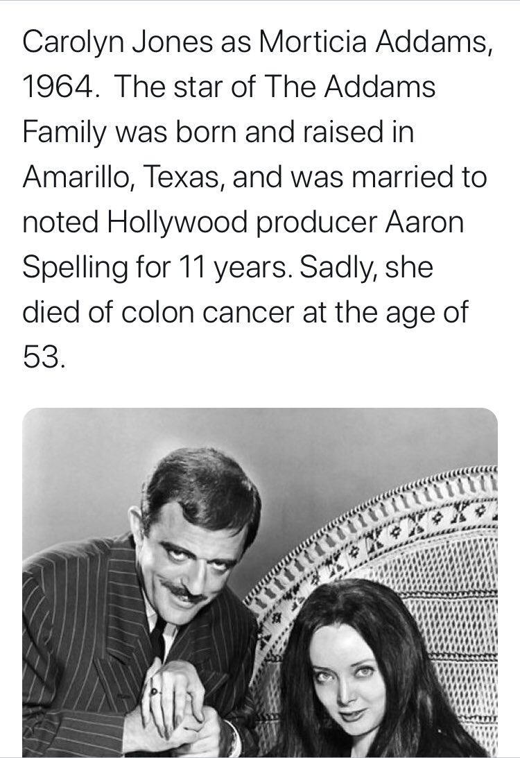 TheProfSchwartz's tweet photo. @authambermalloy @ReignOfApril I 🖤actress #CarolynJones #AddamsFamily
⬇️FUN FACTS:
- Was born in Texas
- Was in 🎬#KingCreole w/ #Elvis
- An #OG: #Morticia = #OriginalGoth 🖤
- #Oscars & #GoldenGlobe nominee🏆
- First wife of #AaronSpelling
- Converted to #Judaism 🔯
- Her real life namesake: @Lina_Rhodes https://t.co/AbFZzdJ9Rf