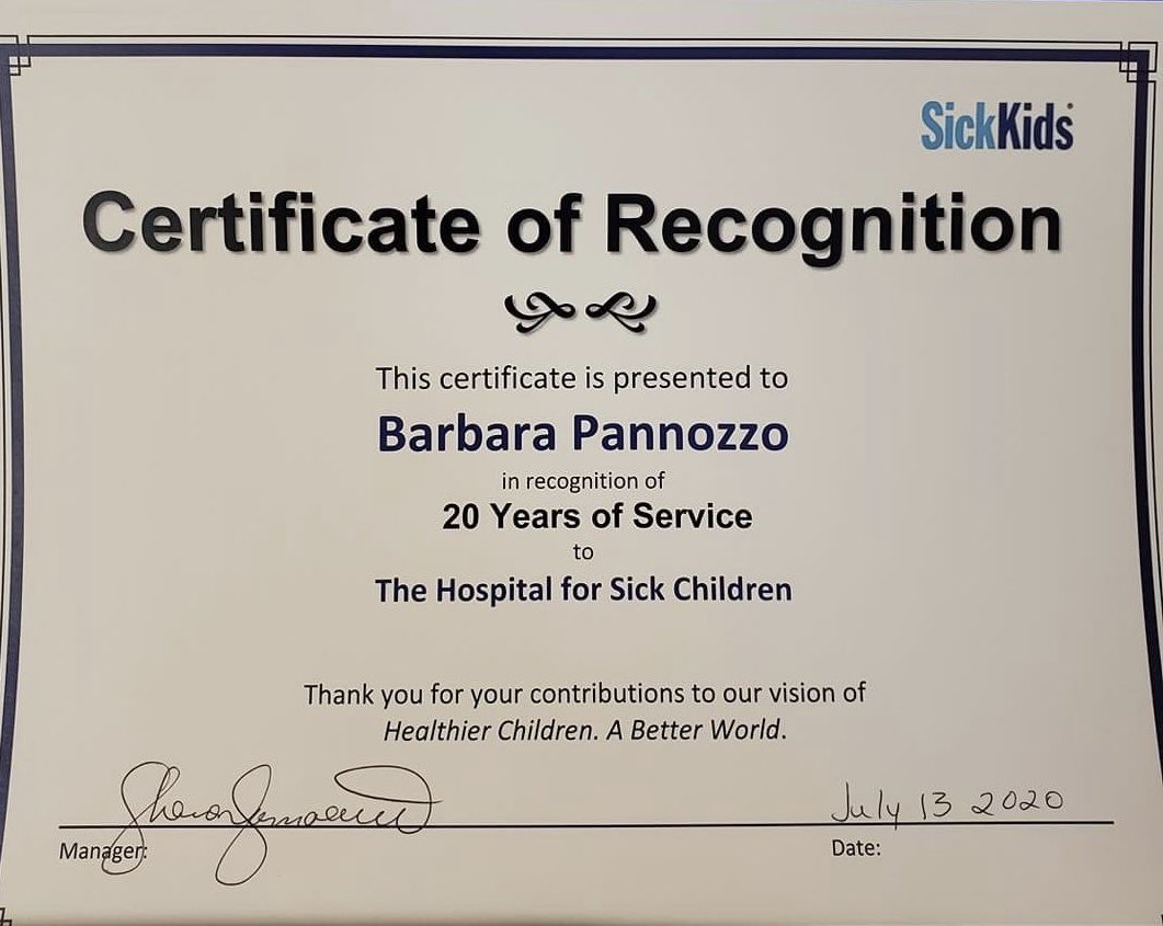 Congratulations to our devoted and amazing clinic nurse on this wonderful achievement. Barbara has just been recognized for 20 years of service @SickKidsNews! Thank you for taking such great care of our patients!