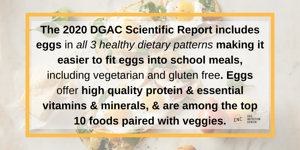 Newly released 2020 Dietary Guidelines Advisory Committee Scientific Report includes eggs in all 3 healthy dietary patterns making it easier to fit eggs into school meals, including vegetarian and gluten free.