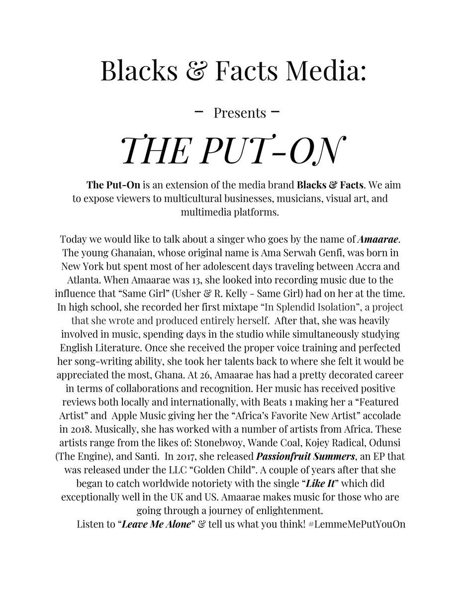 Blacks_Facts's tweet photo. #ThePutOn

Written by: Ken [ @_NextOfKen ]

The Put-On 113 ft @amaarae https://t.co/oswKIBqHTf