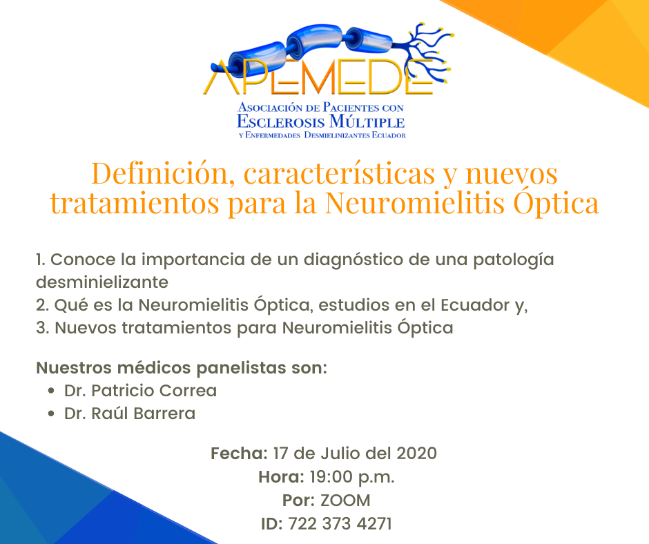 Te invitamos este viernes para que conozcas más sobre la Neuromielitis Ópticas.
Nos acompañarán:
Dr. Correa y el Dr. Barrera que responderán y aclararan tus dudas.
Te esperamos!!

#neuromyelitisoptica #esclerosismúltiple #APEMEDE #NoEstoySolo