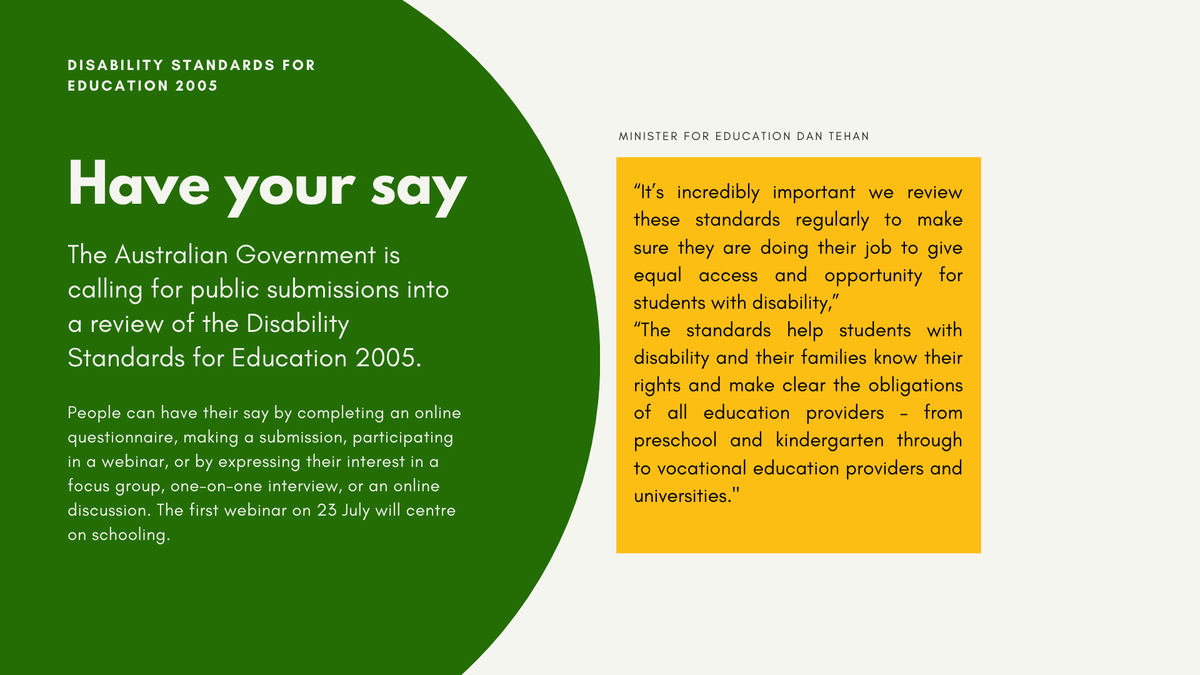 Disability Standards for Education 2005 - have your say
The Australian Government is calling for public submissions into a review of the Disability Standards for Education 2005.
Visit the Consultation Hub at …ilitystandardsreview.education.gov.au #CoalitionInclusiveEducation