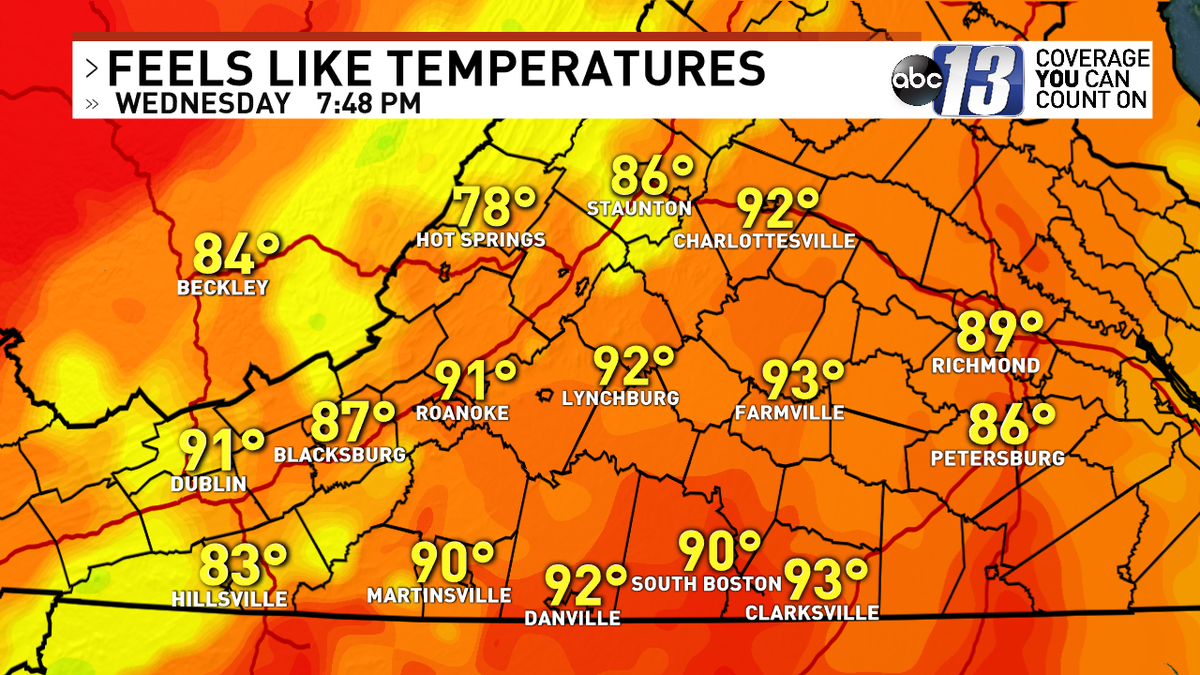Closing in on 8PM and it still FEELS like the lower to mid 90s across most of Central and Southside VA!