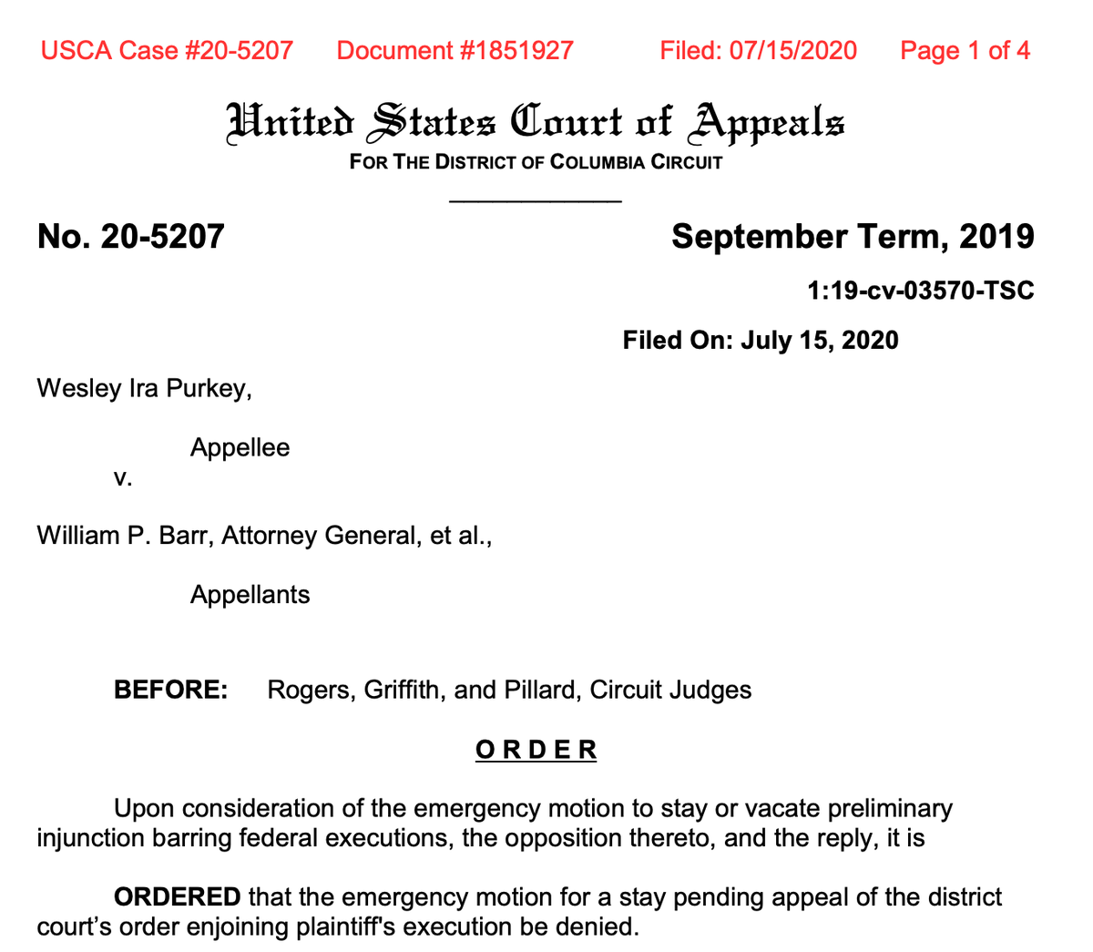 BREAKING: DC Circuit DENIES DOJ request to stay one of the district court's injunctions preventing Wesley Purkey's execution.