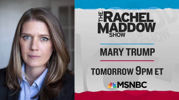 ChrisMichaelW's tweet photo. Hot damn! @MaryLTrump will be on @Maddow tomorrow night! Rachel is a journalist I respect 110 percent. I DVR her Show, and if I had a story to tell, I would tell her! #SetDVR #Maddow #MaryTrump https://t.co/BWxsspxjBh