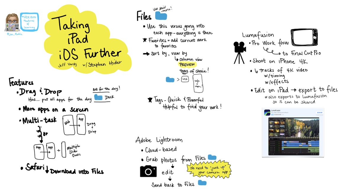 jen_roble's tweet photo. Another great session w/some amazing take aways on using iOS features, rethinking how I use files, &amp; great tips for workflow w/photos &amp; videos.  Thanks @jeffvardy &amp; @stevehider #ADE2020 #AppleEDUchat #ADEFestivalofLearning https://t.co/jvw3DvVkIN