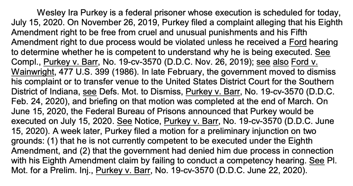 The ruling is the case in which Purkey's lawyers have raised a competency claim, arguing that he is not competent to be executed. DC Cir tonight ruled that the government did not meet its burden to put the district court's injunction on hold and allow the execution to proceed.