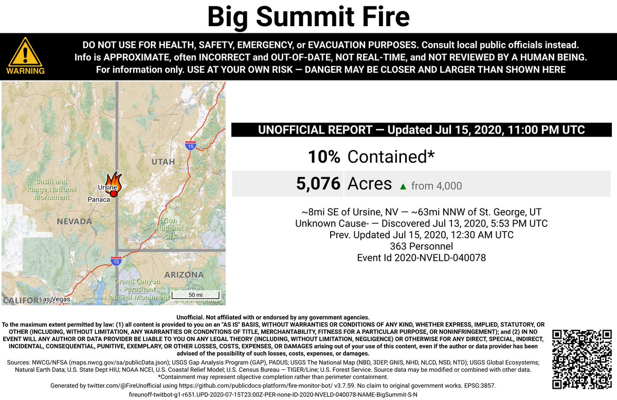 UtahNevFireBot's tweet image. #BigSummitFire 🔥 unofficial, automated update.
~8mi SE of Ursine, NV. ⚠️ DO NOT USE FOR SAFETY PURPOSES - See officials instead. May be incorrect; disclaimers in images.