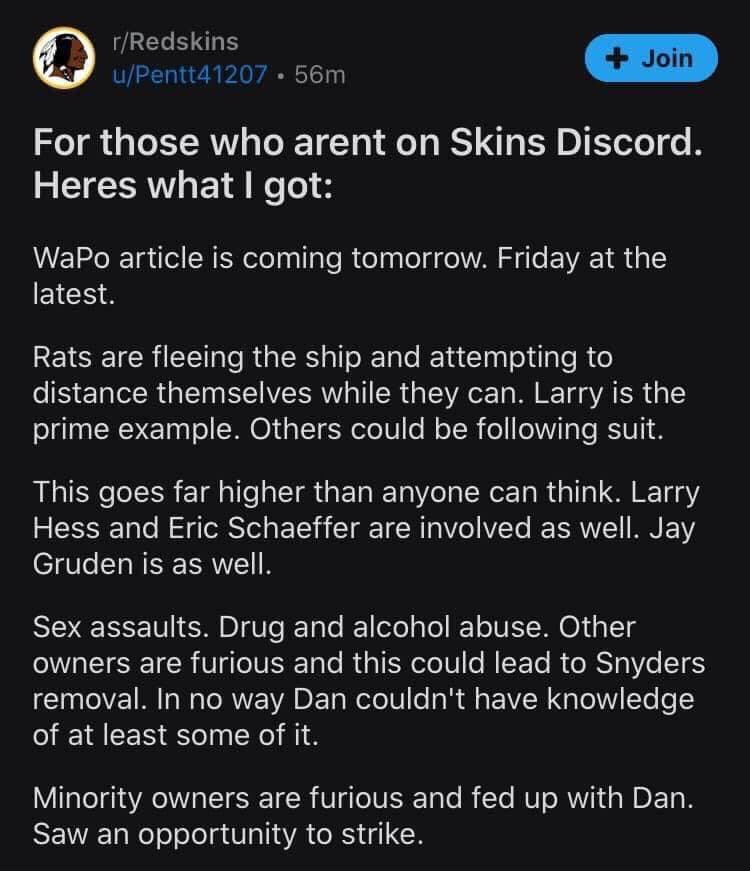 DaveSturchio's tweet photo. Ok so I have a pretty prominent lawyer friend in MD and this is a subject on her timeline today. Allegedly Gruden is doing drugs, having sex parties and they were pimping out Cheerleaders, naked cheerleader photo shoots, selling their own tickets on Stubhub, and more!! https://t.co/wMgWGszf1f