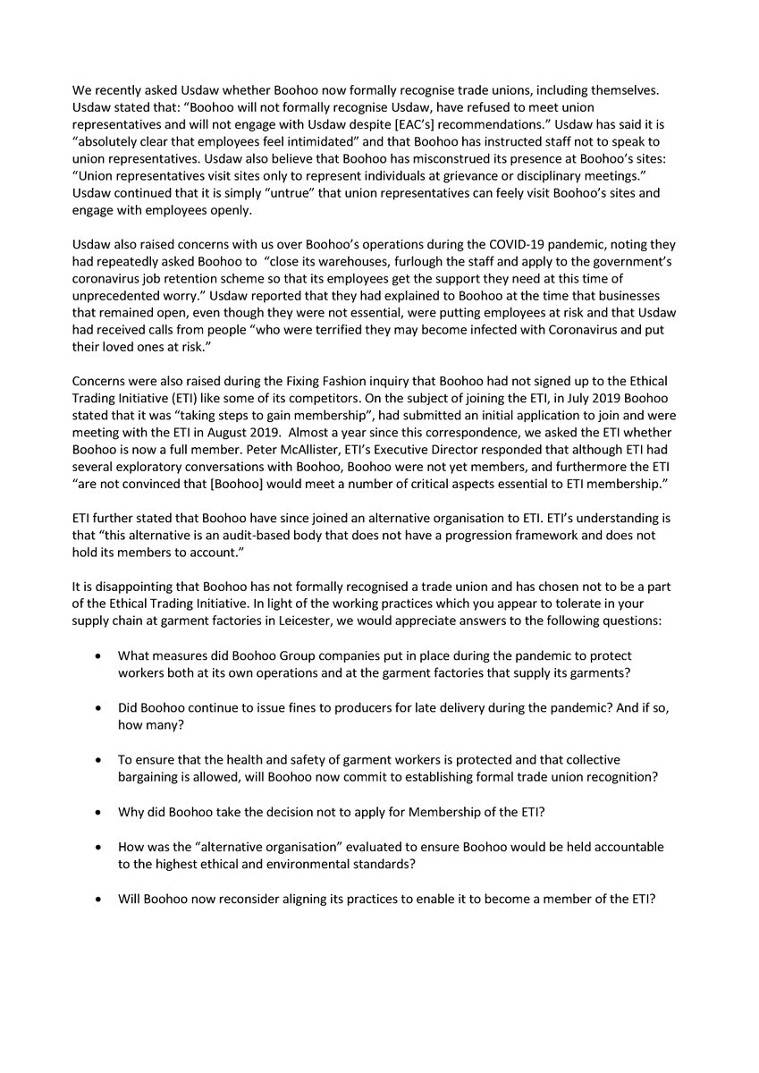 CommonsEAC's tweet photo. “It is incredible that over a year since the Committee highlighted illegal working practices in its supply chain, Boohoo publicly denied knowledge of what has been happening for years."

@Dunne4Ludlow's letter to #Boohoo: https://t.co/4xzZ5UAJQ6

More info https://t.co/VFlznIDCCk https://t.co/DGy68N5aRH