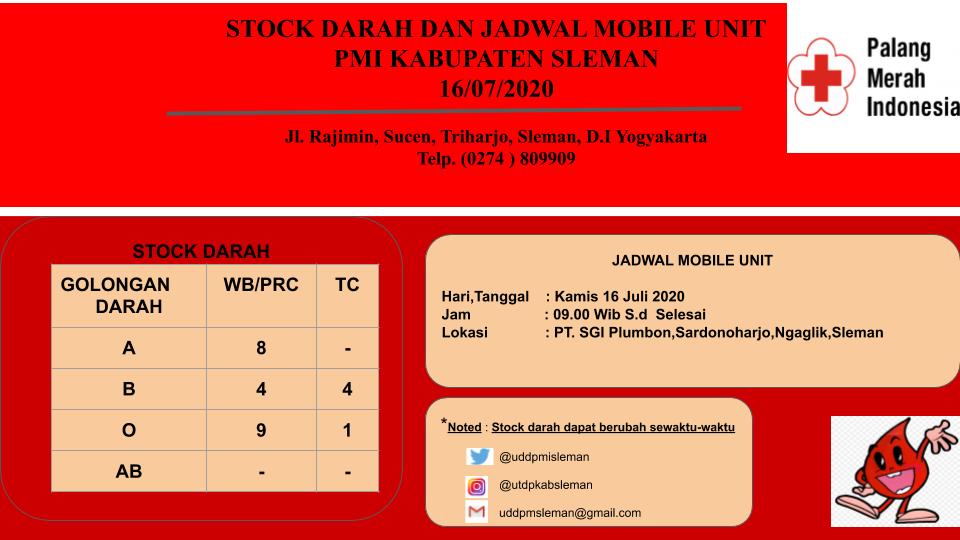 uddpmisleman's tweet photo. Stock darah dan Jadwal MU PMI Kabupaten Sleman 16 Juli 2020.
Pelayanan Donor darah di PMI Sleman mulai jam 07.00 S.d 20.00 WIB. Kami mengundang Masyarakat  Sleman monggo yang mau menyumbangkan darah silahkan datang ke PMI Sleman kami tunggu 🙏 
@Blood4LifeID 
@IniSleman https://t.co/nFW4NO8ZpH
