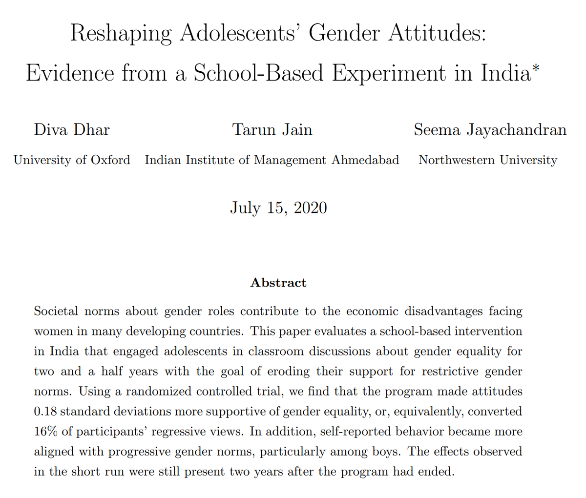 New version of our paper, "Reshaping Adolescents' Gender Attitudes: Evidence from a School-Based Experiment in India." Class discussions on gender equality increased support for gender equality by a lot. The effect was still present 2 years later.  http://bit.ly/2QGHIGu 