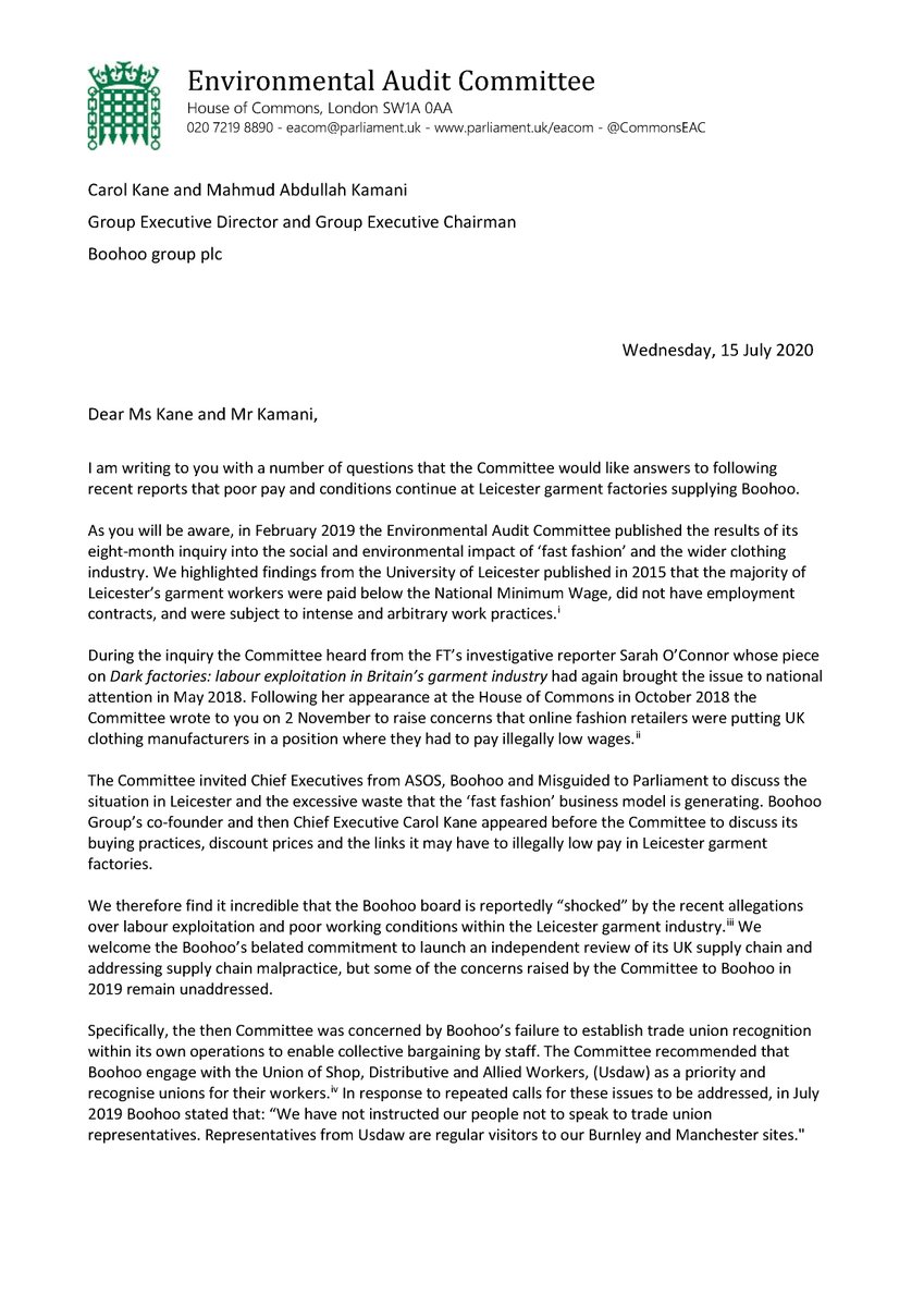 CommonsEAC's tweet photo. “It is incredible that over a year since the Committee highlighted illegal working practices in its supply chain, Boohoo publicly denied knowledge of what has been happening for years."

@Dunne4Ludlow's letter to #Boohoo: https://t.co/4xzZ5UAJQ6

More info https://t.co/VFlznIDCCk https://t.co/DGy68N5aRH