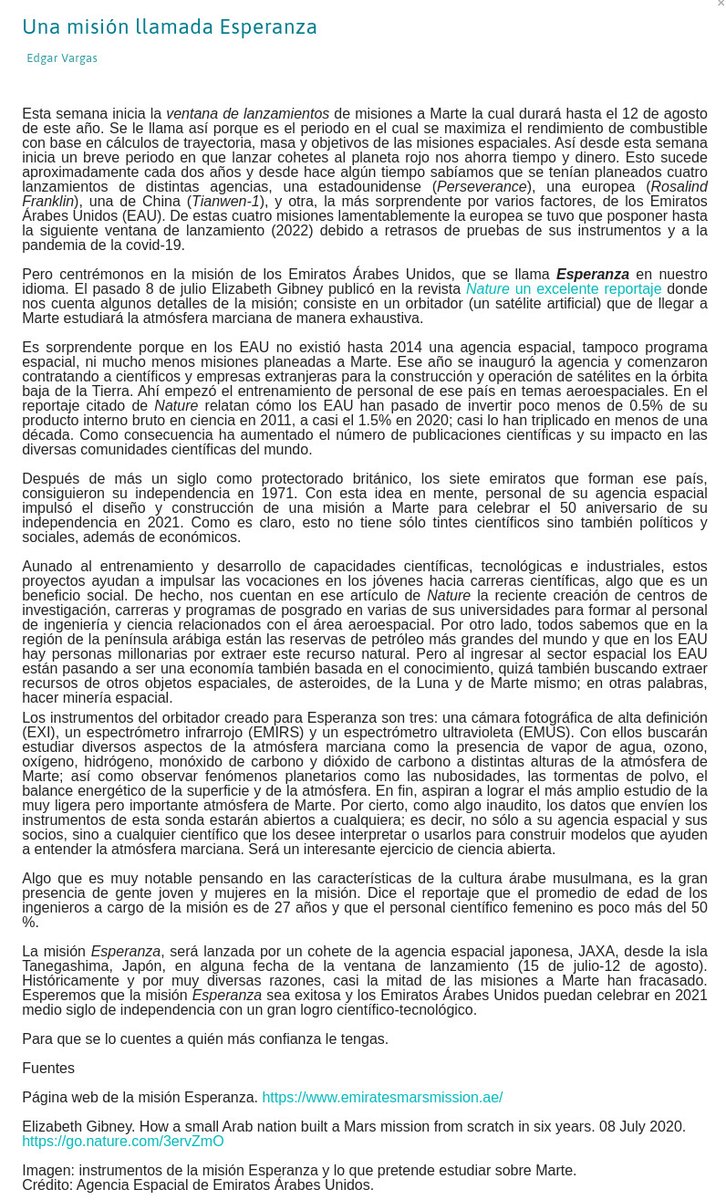 Cienciorama's tweet photo. #NoticiasCienciorama 874

Una misión llamada Esperanza. Noticia de Edgar Vargas.

#Marte #astronomía #EmiratosÁrabesUnidos #HopeProbe #astrobiología

Para leer mejor visita nuestra web  https://t.co/pP1oyaPgvB https://t.co/5W5IRkhf48