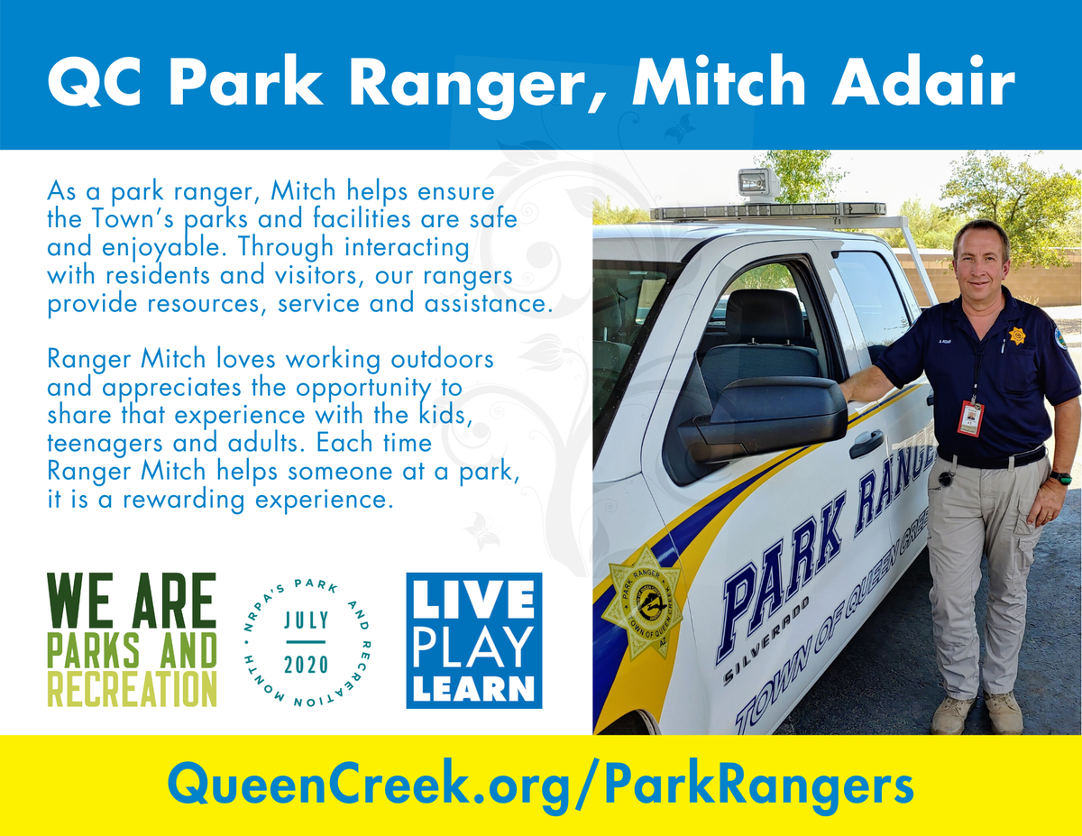 TownofQC's tweet photo. Hey #QueenCreek, meet Park Ranger, Mitch Adair! π
He is one of the awesome #ParksAndRecreation team members that work hard to ensure the Town's parks & facilities are safe & enjoyable.
We are parks & recreation!
@NRPA_news #ParksAndRec #LoveTheQC #LivePlayLearn https://t.co/9fj9Wt0E7J