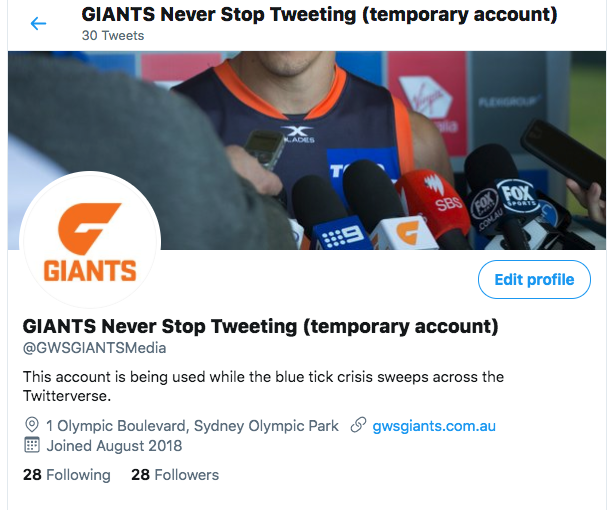 GWSGIANTS's tweet photo. In this year of adapting, being versatile and pivoting, full credit to our back up account @gwsgiantsmedia for being ready to go at short notice this morning.
#NeverSurrender #NeverStopTweeting
#BackToTheBench https://t.co/x6LUeNRg1t